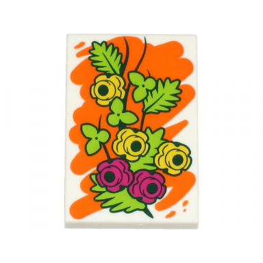 white tile 2 x 3 with painting of yellow and magenta flowers with lime leaves on orange background pattern bam