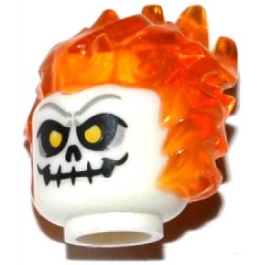 white minifigure head modified with molded trans-orange flaming hair and printed skull with yellow eyes pattern ghost rider johnathon johnny blaze