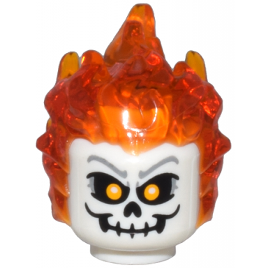 white minifigure head modified with molded trans-orange flaming hair and printed skull with bright light orange eyes pattern ghost rider johnathon johnny blaze