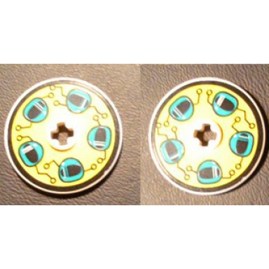 white technic disk 3 x 3 with dark turquoise helmets on yellow pattern on both sides stickers - set 8257