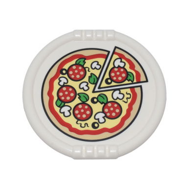 white duplo utensil disk with pizza with pepperoni mushrooms basil and black olives pattern