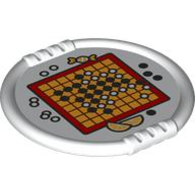 white duplo utensil disk with bright light orange and red go boardgame fruit slices and candy pattern