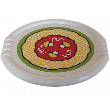 white duplo utensil disk with red tomato sauce yellow mushrooms and spaghetti pasta on lime background pattern