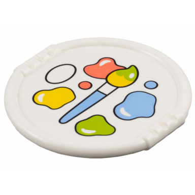 white duplo utensil disk with paint brush and coral yellow lime and medium blue paint pattern