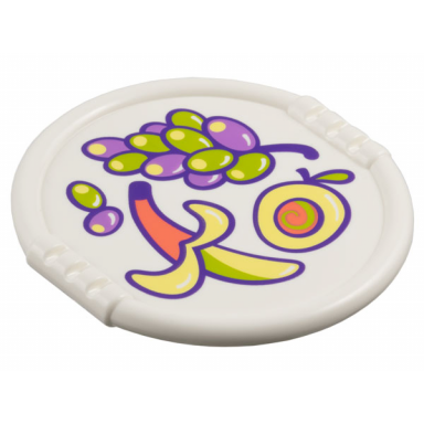 white duplo utensil disk with coral bright light yellow lime and medium lavender apple banana and grapes pattern