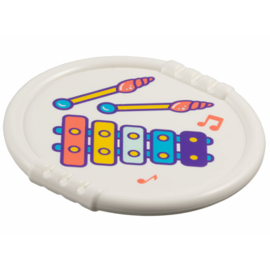 white duplo utensil disk with coral bright light orange bright light blue dark azure dark purple xylophone shell mallets and music notes pattern