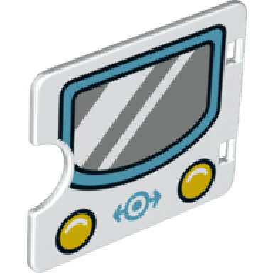 white duplo door window pane 1 x 4 x 3 with semi oval cutout with windshield headlights and train logo pattern