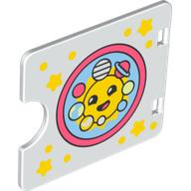 white duplo door window pane 1 x 4 x 3 with semi oval cutout with yellow stars and dots sun with face and planets in coral ring pattern