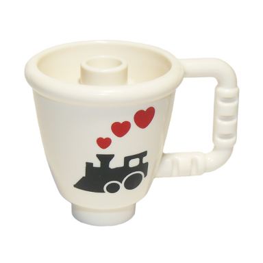 white duplo utensil cup with stud inside with black steam train engine and red hearts pattern