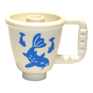 white duplo utensil cup with stud inside with blue koi fish pattern