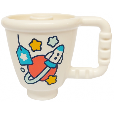 white duplo utensil cup with stud inside with medium azure rocket and price tag coral planet bright light orange and light aqua stars pattern