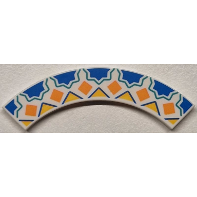 white tile round corner 4 x 4 macaroni with blue half stars with dark turquoise outlines orange squares and bright light orange triangles pattern