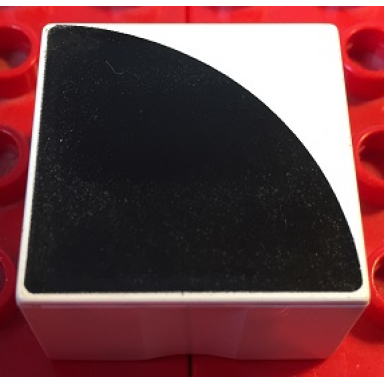 white duplo tile 2 x 2 x 1 with shape black quarter circle pattern