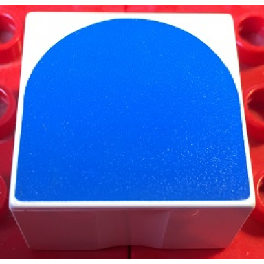 white duplo tile 2 x 2 x 1 with shape blue inverse arch pattern