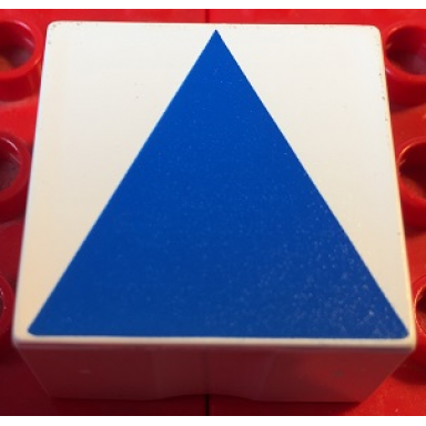 white duplo tile 2 x 2 x 1 with shape blue isosceles triangle pattern