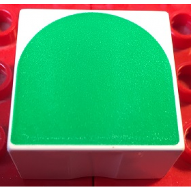 white duplo tile 2 x 2 x 1 with shape green inverse arch pattern
