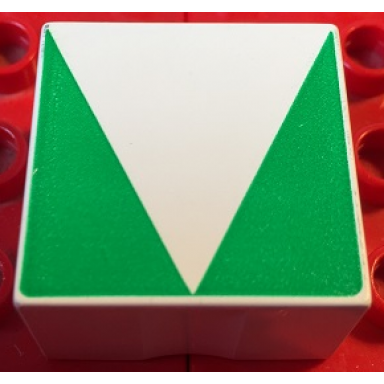 white duplo tile 2 x 2 x 1 with shape green inverse isosceles triangle pattern