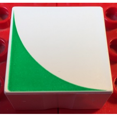 white duplo tile 2 x 2 x 1 with shape green inverse quarter circle pattern
