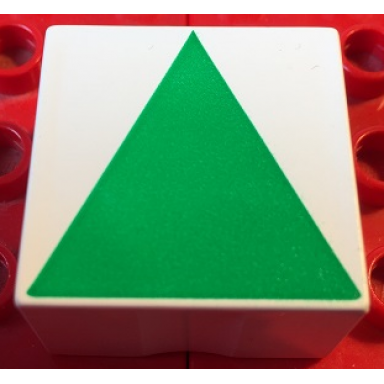 white duplo tile 2 x 2 x 1 with shape green isosceles triangle pattern