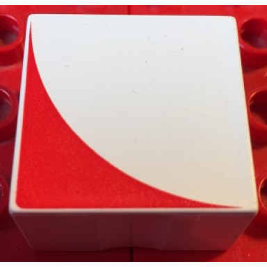 white duplo tile 2 x 2 x 1 with shape red inverse quarter circle pattern