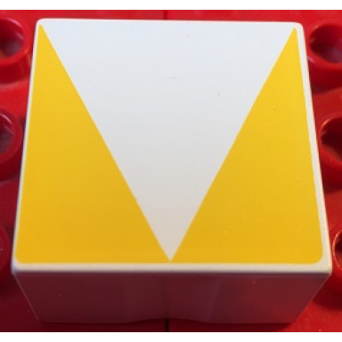 white duplo tile 2 x 2 x 1 with shape yellow inverse isosceles triangle pattern