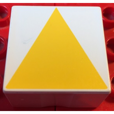 white duplo tile 2 x 2 x 1 with shape yellow isosceles triangle pattern