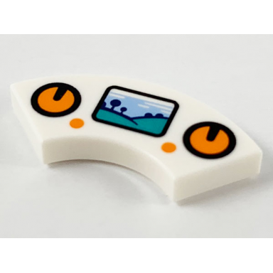 white tile round corner 2 x 2 macaroni with orange circle control pads and buttons and display with sky grass and tree pattern