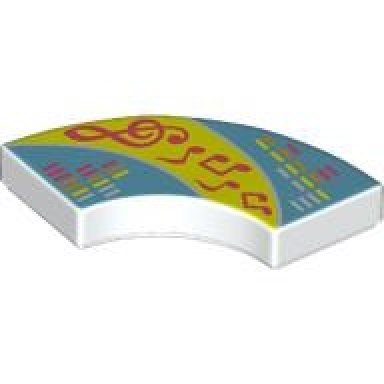 white tile round corner 2 x 2 macaroni with bright light yellow and medium blue rotating panels coral and reddish orange equalizer bars treble clef and musical notes pattern