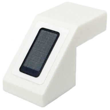 white slope 45 2 x 1 with cutout without stud with dark bluish gray rectangle with black end and outline pattern sticker - set 75350