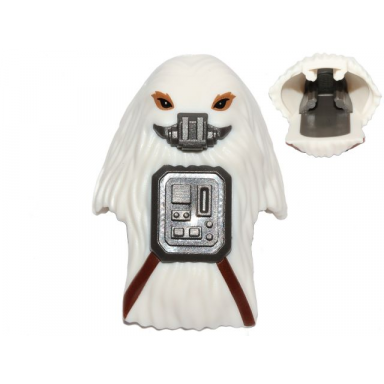 white minifigure head modified sw gigoran with molded dark bluish gray breathing mask and front panel and printed dark brown belts pattern