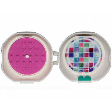 white container pod with dark pink 6 x 6 round plate and dark turquoise 1 x 2 plate with the lego movie 2 pattern sticker and hologram - set 853875