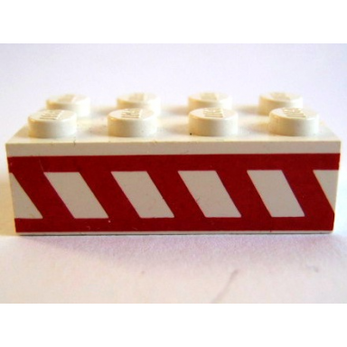 white brick 2 x 4 with angled red stripes between two horizontal red stripes pattern