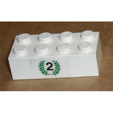 white brick 2 x 4 with black number 2 in green laurels pattern sticker - set 6539