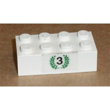 white brick 2 x 4 with black number 3 in green laurels pattern sticker - set 6539