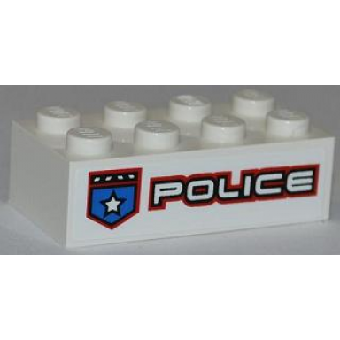 white brick 2 x 4 with police white star badge and white police with red outline pattern model left side sticker - set 8301