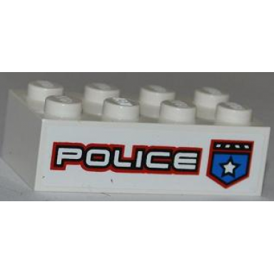 white brick 2 x 4 with police white star badge and white police with red outline pattern model right side sticker - set 8301