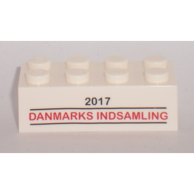 white brick 2 x 4 with 2017 danmarks indsamling pattern