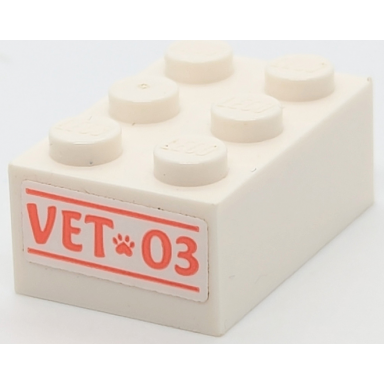 white brick 2 x 3 with coral vet 03 and paw print pattern on end sticker - set 41442