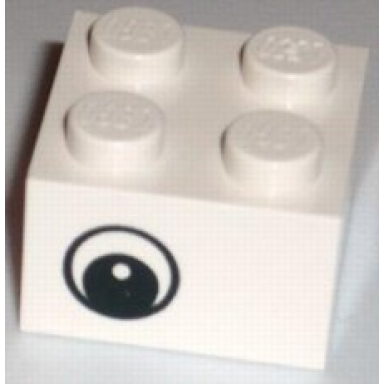 white brick 2 x 2 with black eye offset with pupil with white pattern on opposite sides