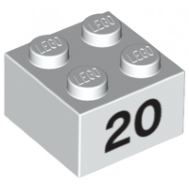white brick 2 x 2 with black number 20 pattern