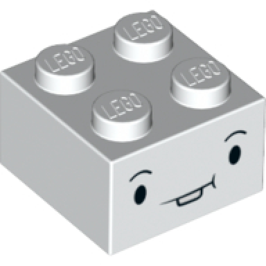 white brick 2 x 2 with small black eyes eyebrows and closed mouth with tooth pattern