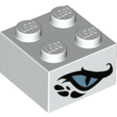 white brick 2 x 2 with metallic light blue dragon eye pattern on two sides