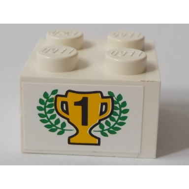 white brick 2 x 2 with black number 1 on yellow trophy cup green laurels pattern sticker - set 6337