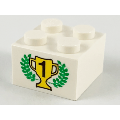 white brick 2 x 2 with black number 1 on yellow trophy cup green laurels pattern