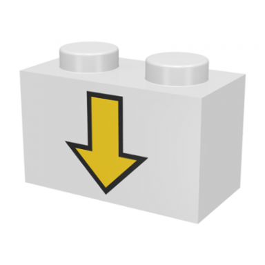 white brick 1 x 2 with yellow down arrow and black border pattern