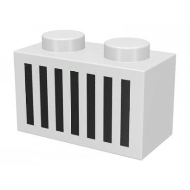 white brick 1 x 2 with black grille with 7 vertical lines pattern