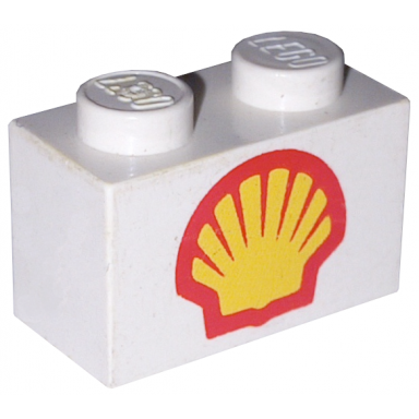 white brick 1 x 2 with shell logo i pattern