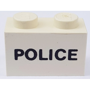 white brick 1 x 2 with black police pattern