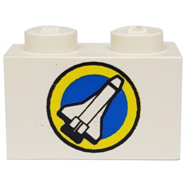 white brick 1 x 2 with shuttle and yellow circle pattern