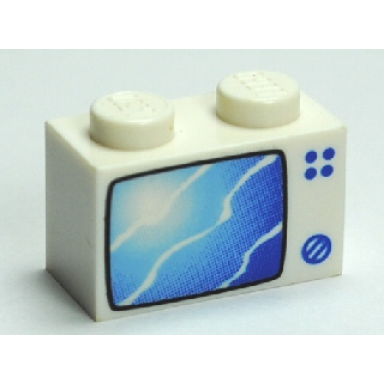 white brick 1 x 2 with blue tv screen pattern